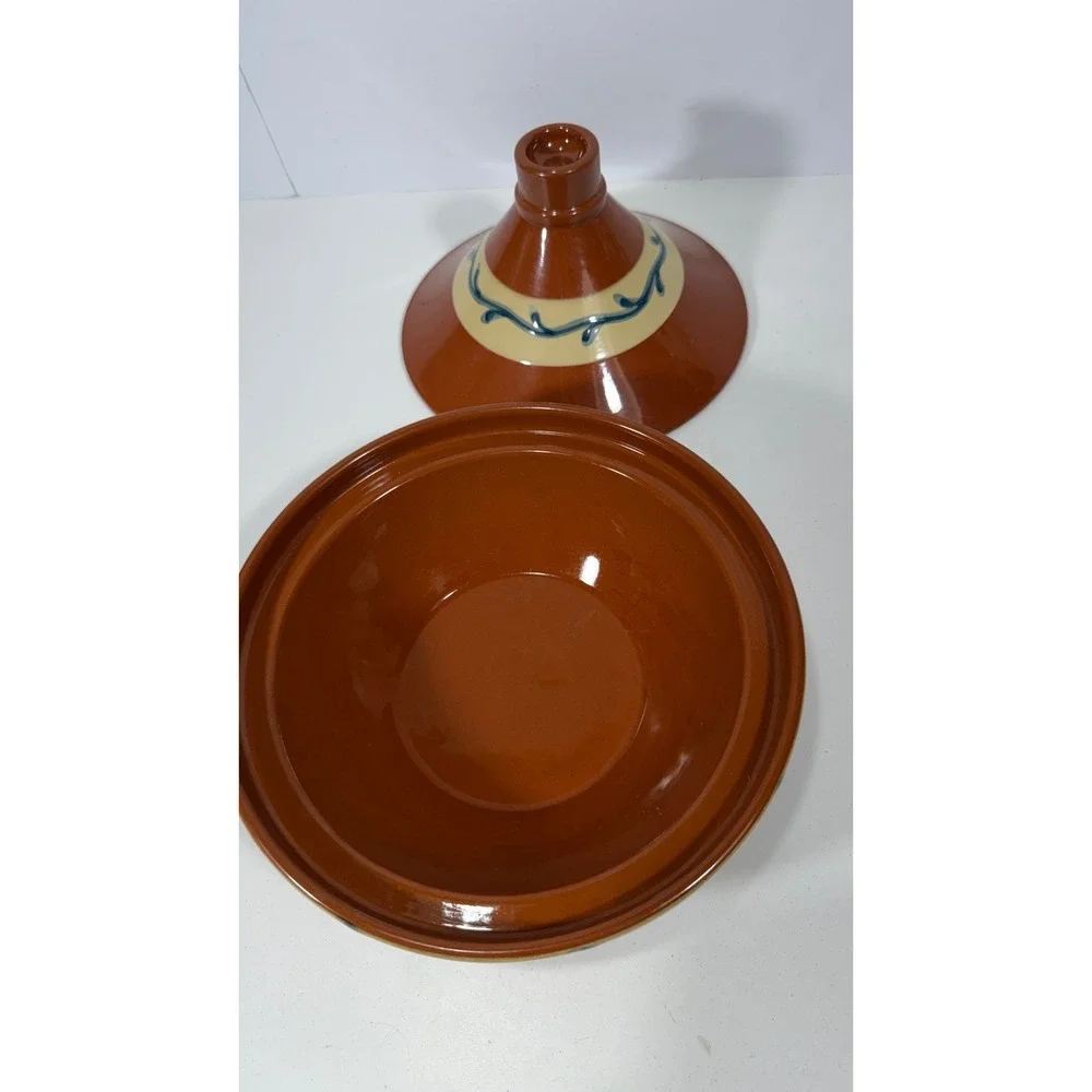 BIA Cordon Bleu BOLA Tagine Pot Portugal Glazed Ceramic Terracotta Blue Vine 9in